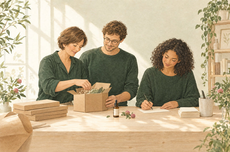 Illustration eines Teams, das gemeinsam Pakete vorbereitet